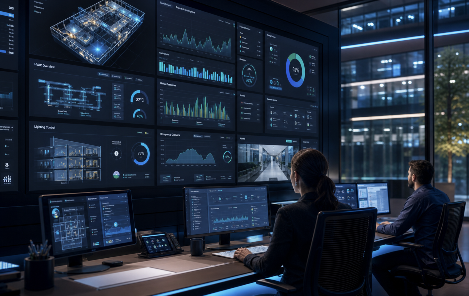 Smart building control room with energy and HVAC dashboards