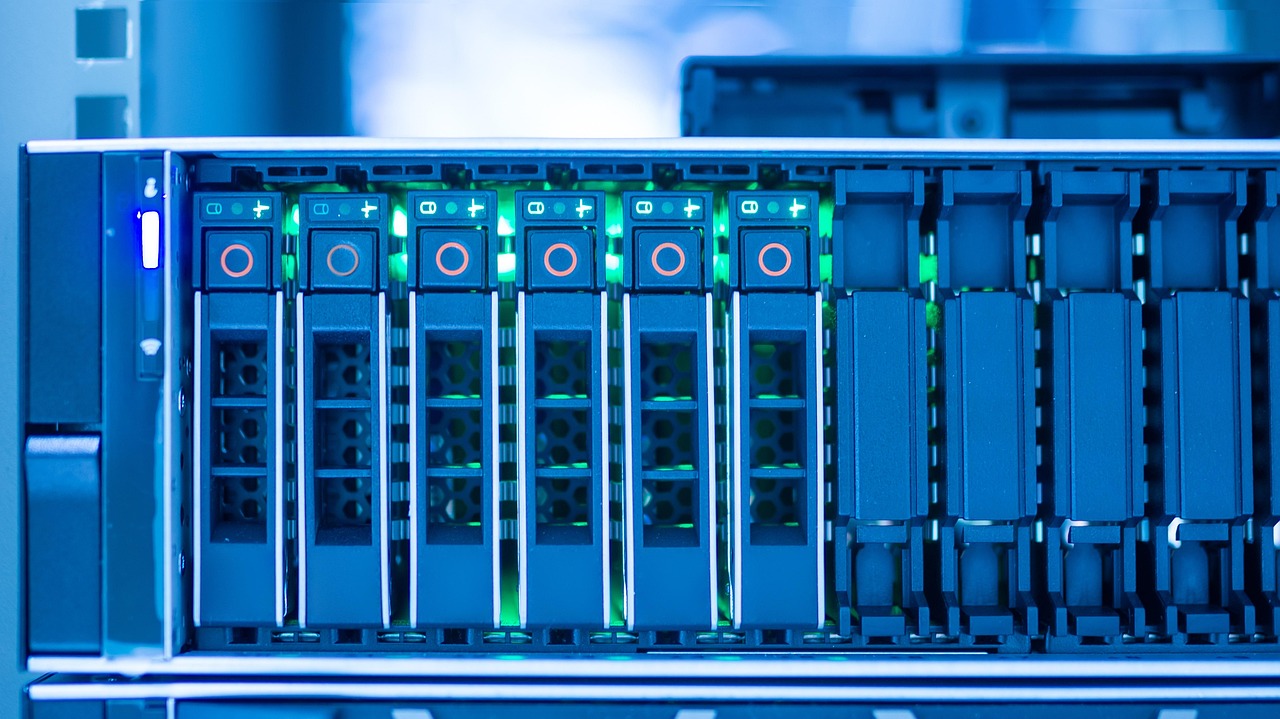 Storage and network hardware with glowing indicators